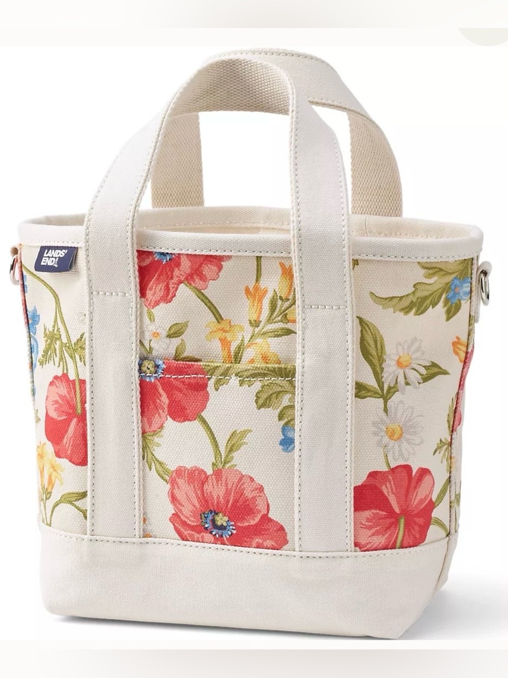 Lands' End Cream Canvas Tote with Poppy/Natural  Print - Small